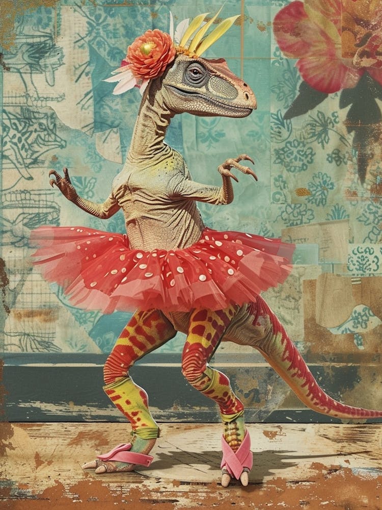 Dinosaur In A Tutu Retro Collage 1