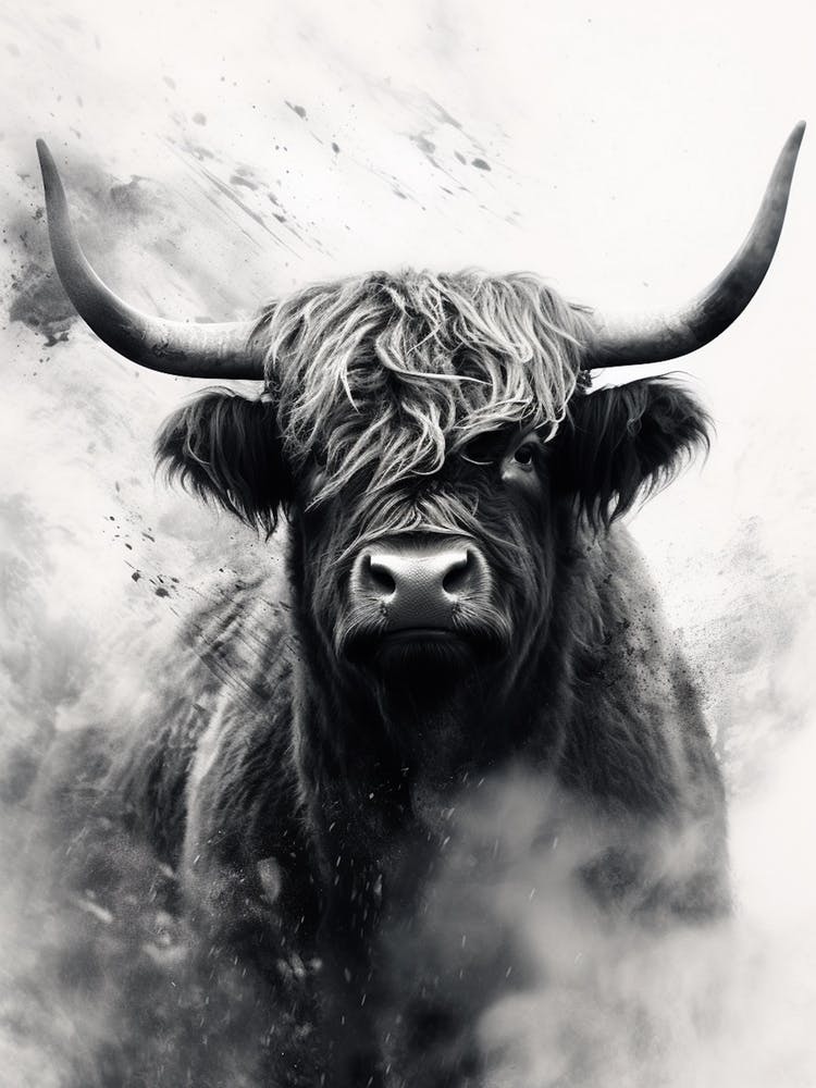 Black & White Illustration Of Highland Bull