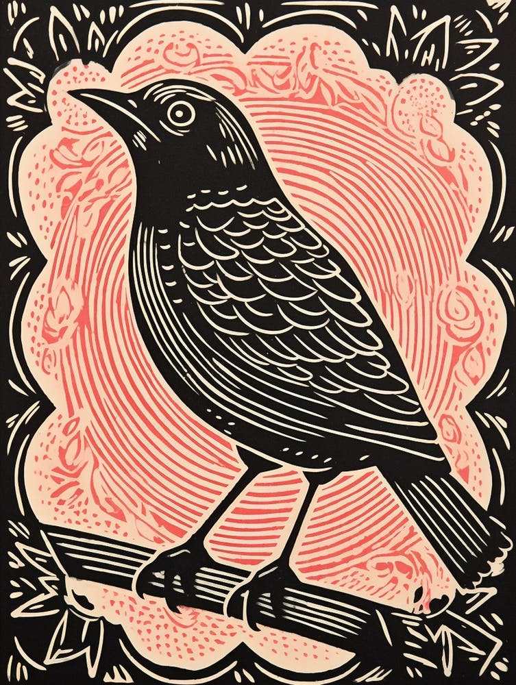 Vintage Bird Linocut Cowbird 2