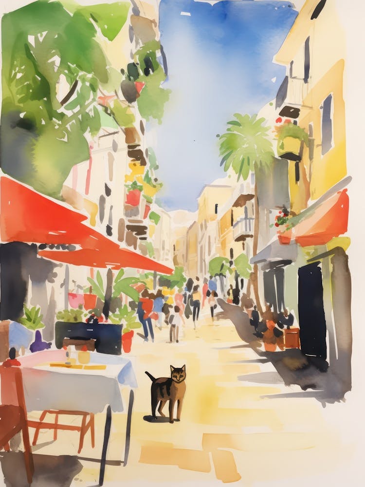 Food Market With Cats In Mallorca 3 Watercolour