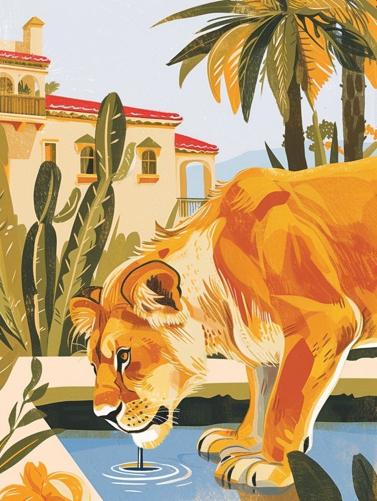 African Lion Drinking From A Watering Hole Illustration 1