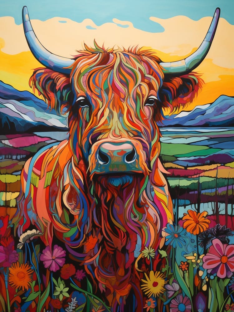 Colourful Patchwork Illustration Of Highland Cow 1
