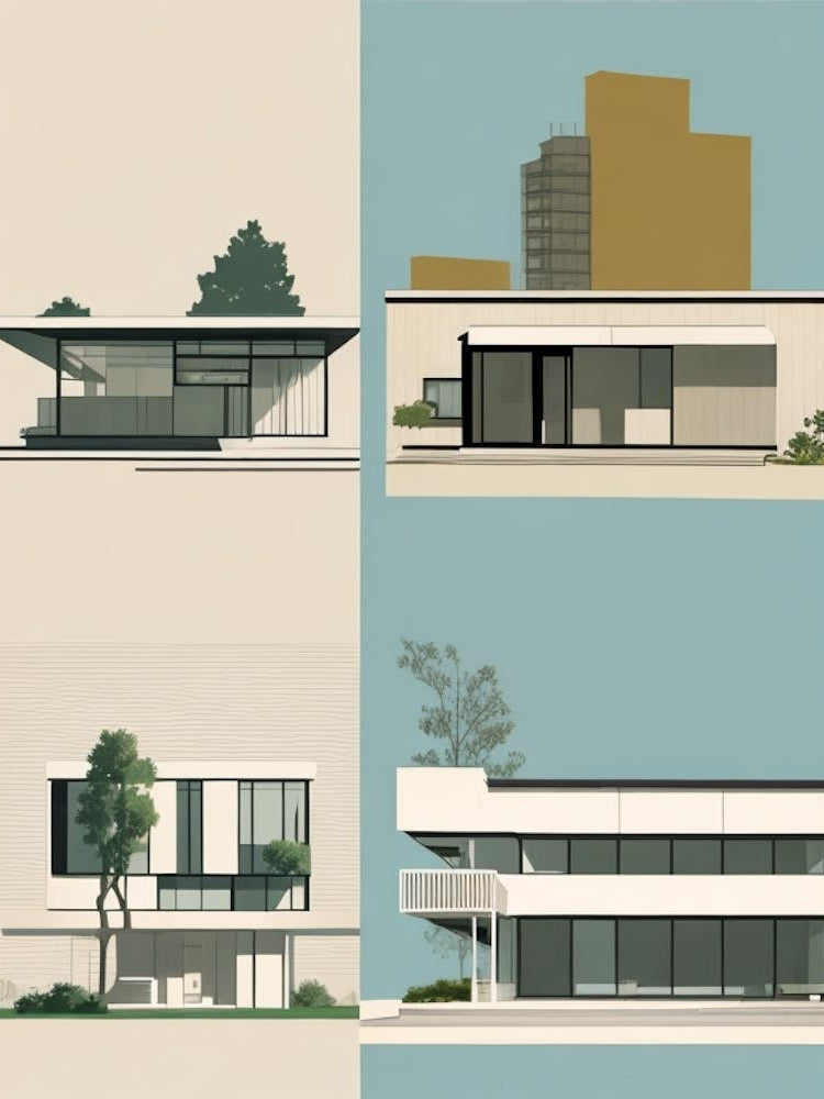 Iconic Mid-Century Modern Architectural Landmarks with Clean Lines and Geometric Shapes Series - 2