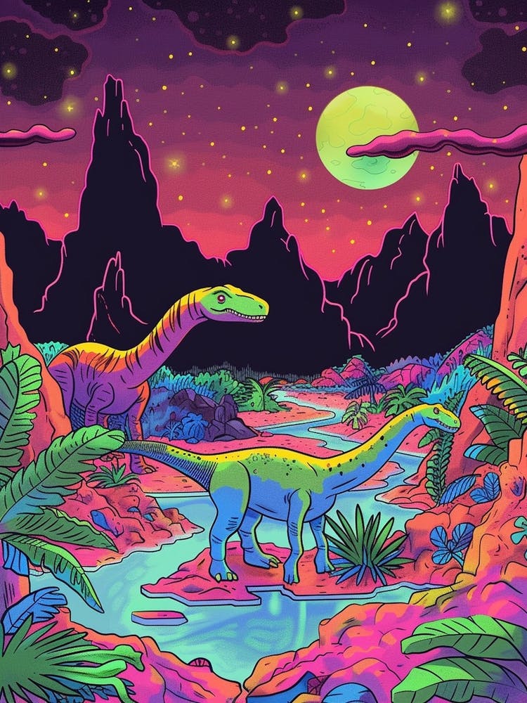 Neon Dinosaur At Night In Jurassic Landscape 4