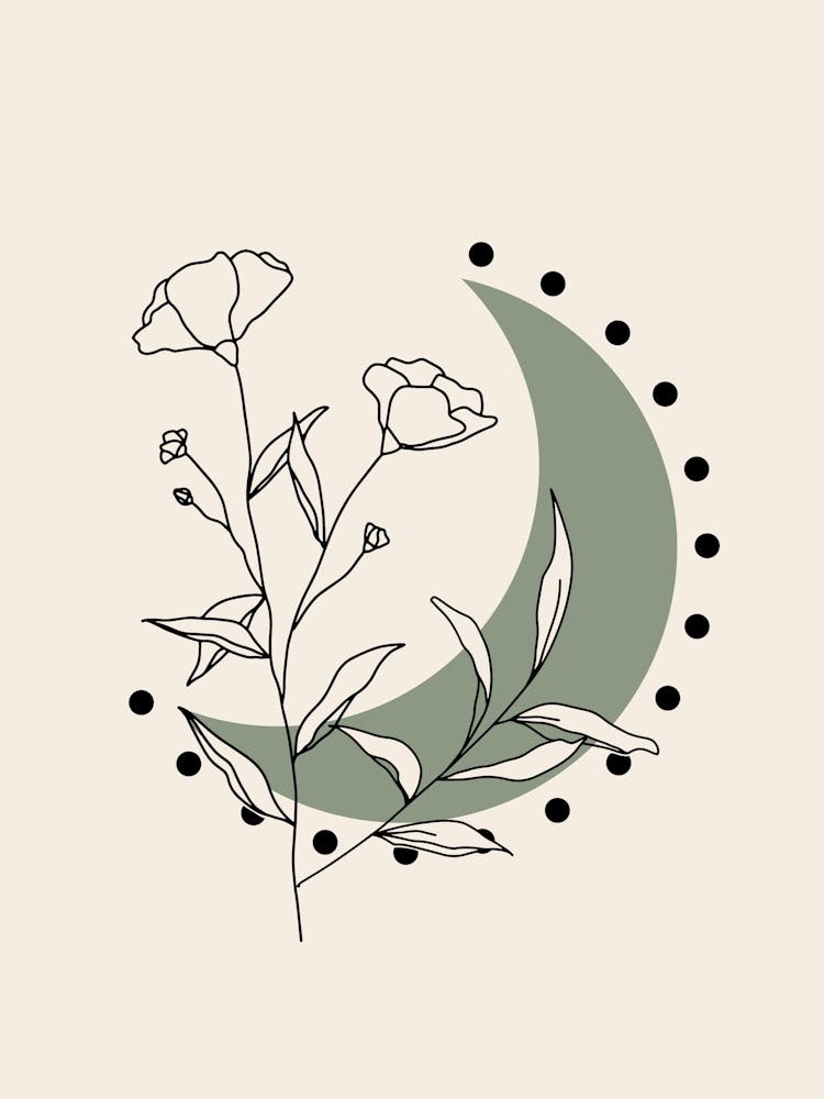 Boho Moon And Line Flowers in Black and Sage Green