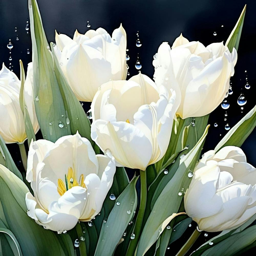 A Close Up View Of A Bunch Of White Tulips Their Petals Delicately Rendered In Watercolors With De (1)