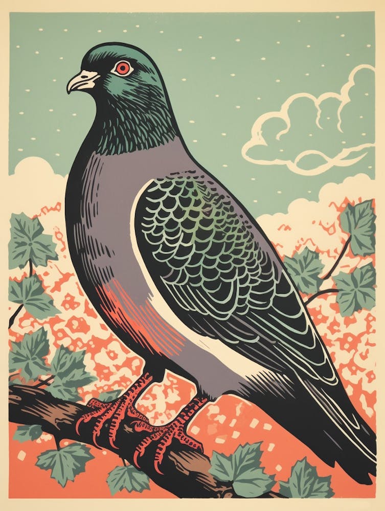 Vintage Bird Linocut Pigeon 2