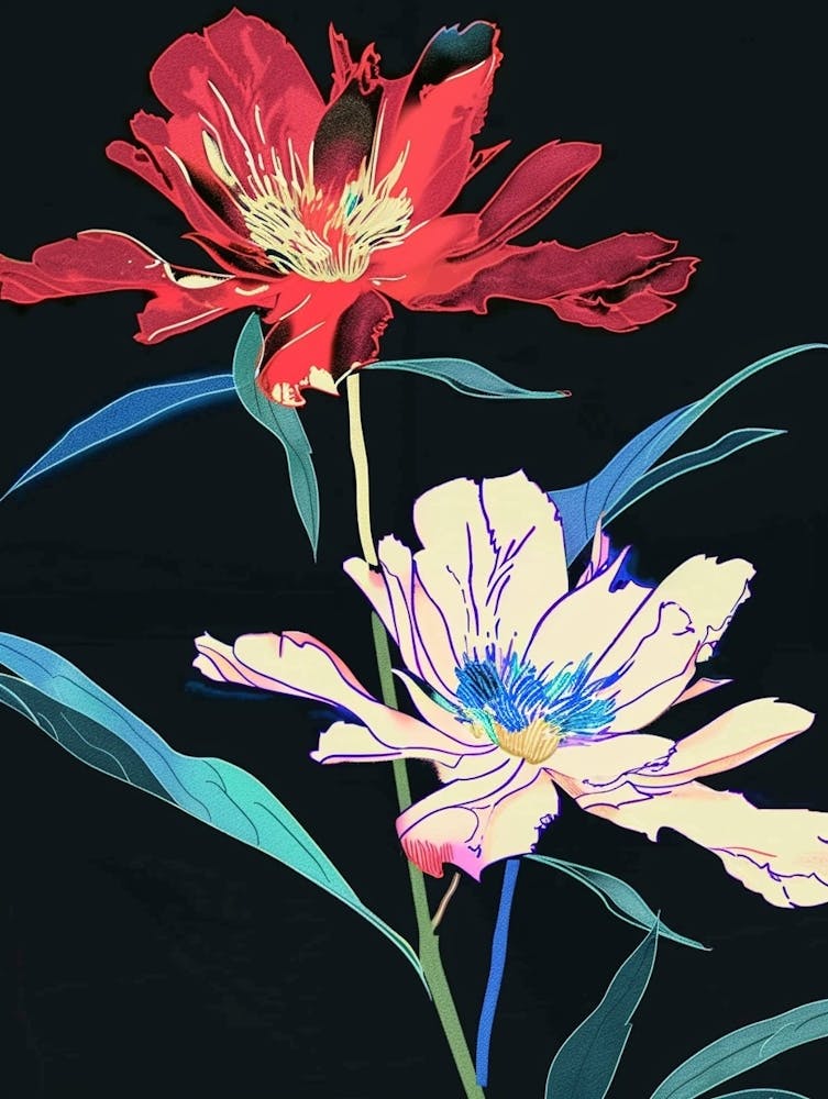Neon Flowers On Black Peony 1