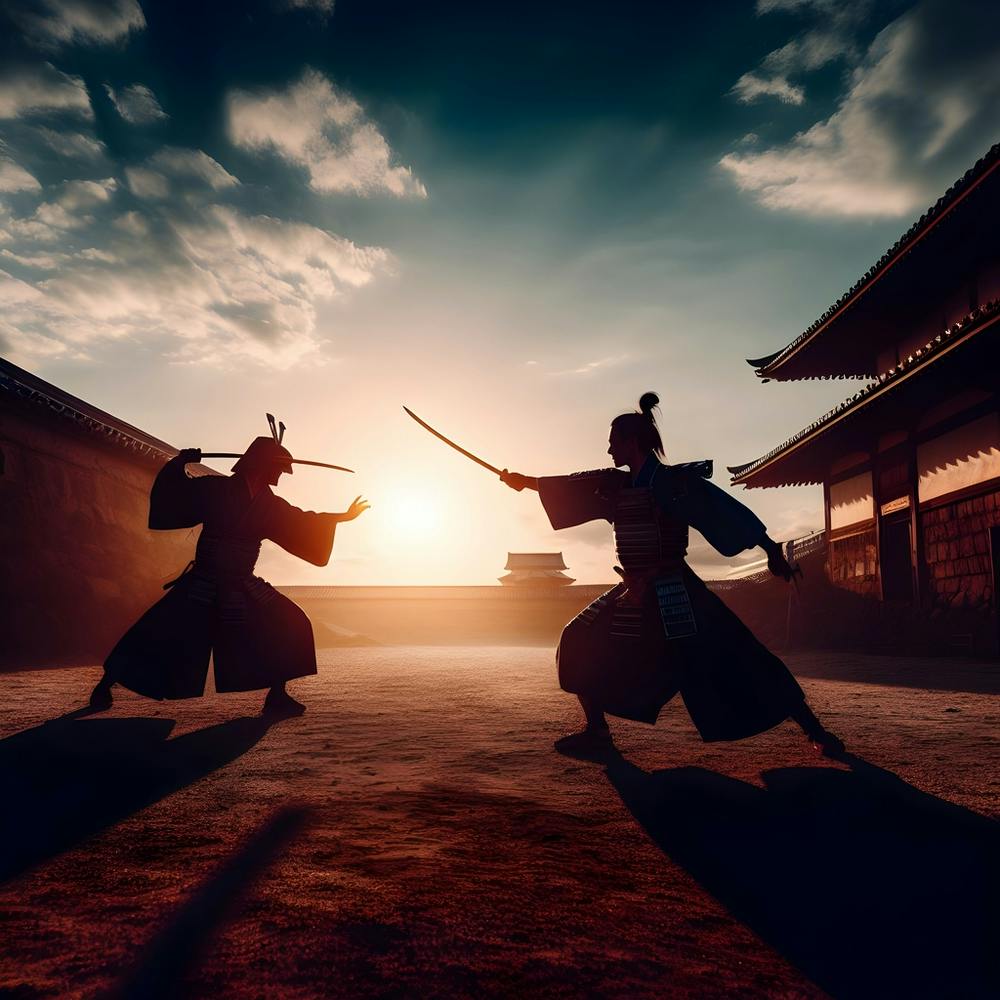 Silhouette Of Samurai Fighting At Sunset