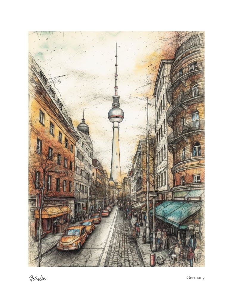 Berlin Germany Pencil Sketch 2 Watercolour Travel Poster