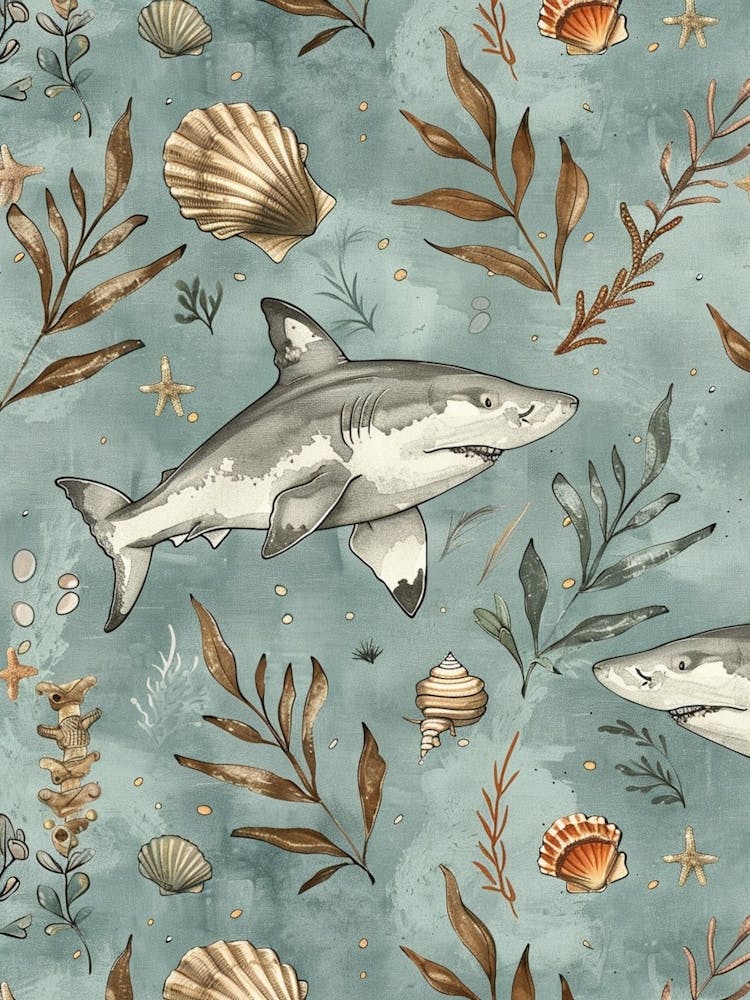 Motif Paysage Marin Aquarelle Requin Bambou Bleu Pastel 1