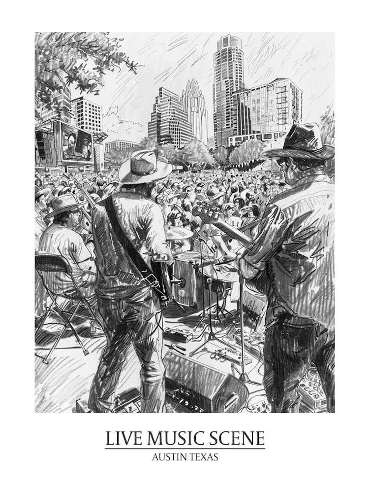 Live Music Scene Austin Texas Black And White Drawing 2 Poster
