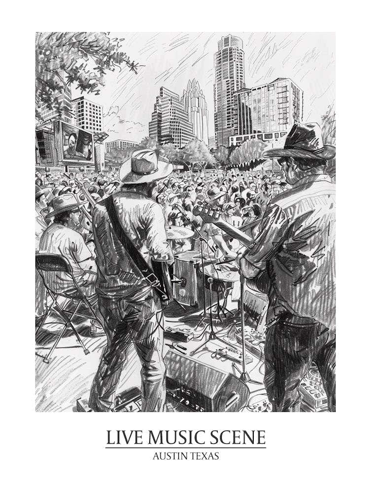 Live Music Scene Austin Texas Black And White Drawing 2 Poster
