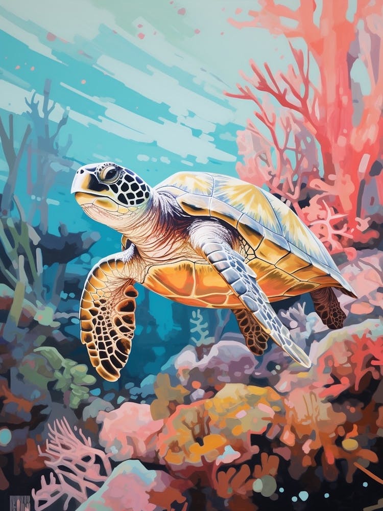Vivid Turtle In Ocean With Coral & Plants 2