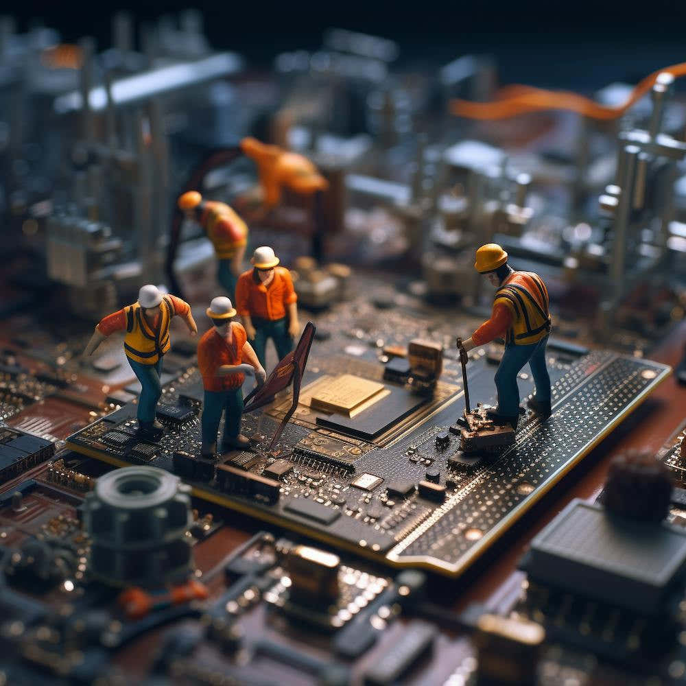Miniature Workers On A Computer Board