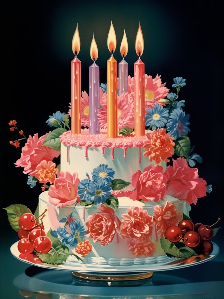 Birthday Cake & Candles Vintage Cookbook Style