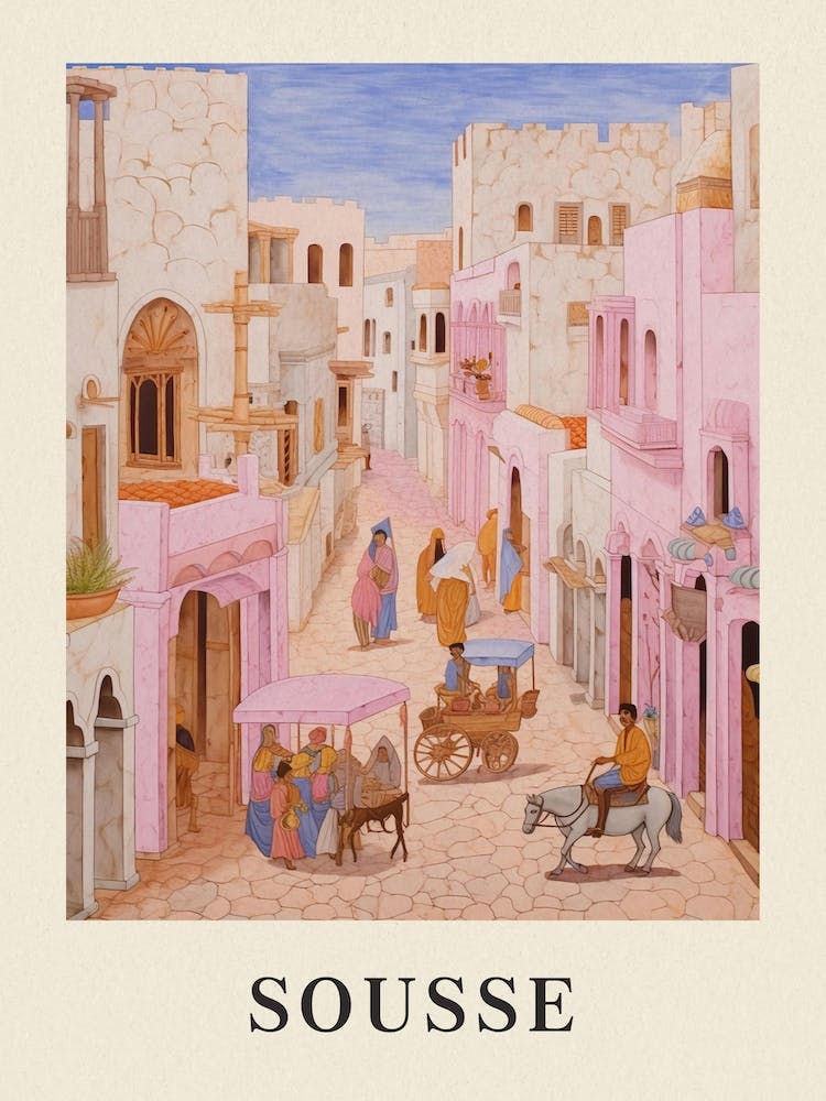 Sousse Tunisie 3 Affiche d'illustration de voyage vintage rose