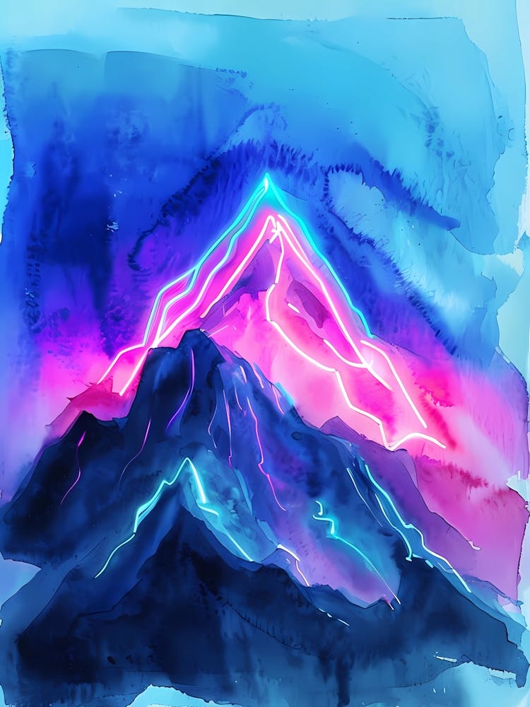 Watercolor Mountain With Neon Light
