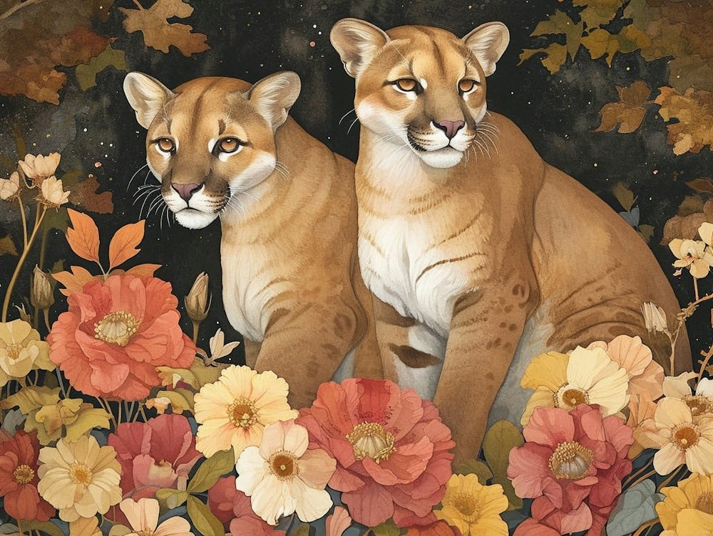 Floral Animal Illustration Mountain Lion 1