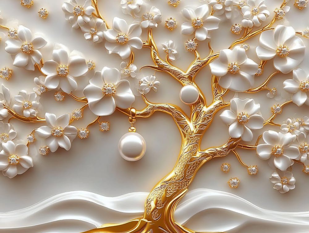 3d Gold Tree of Life White Pearl and Flowers