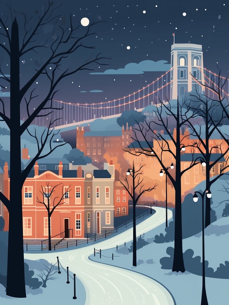 Winter Travel Night Illustration Bristol United Kingdom 1
