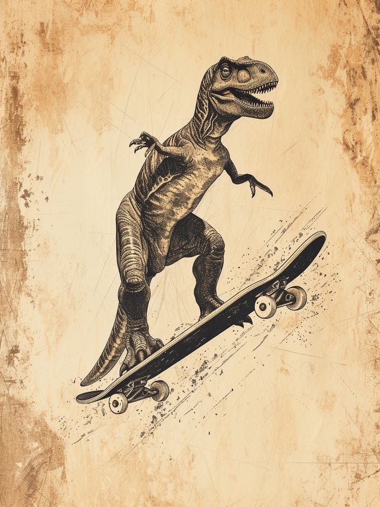 Vintage Deinonychus Dinosaur On A Skateboard   2