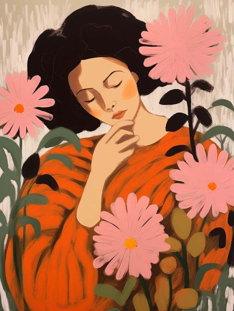 Woman With Autumnal Flowers Chrysanthemum