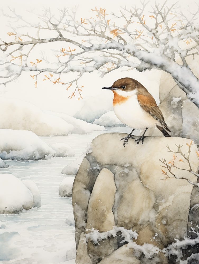 Peinture d'Oiseau d'Hiver Cincle 1