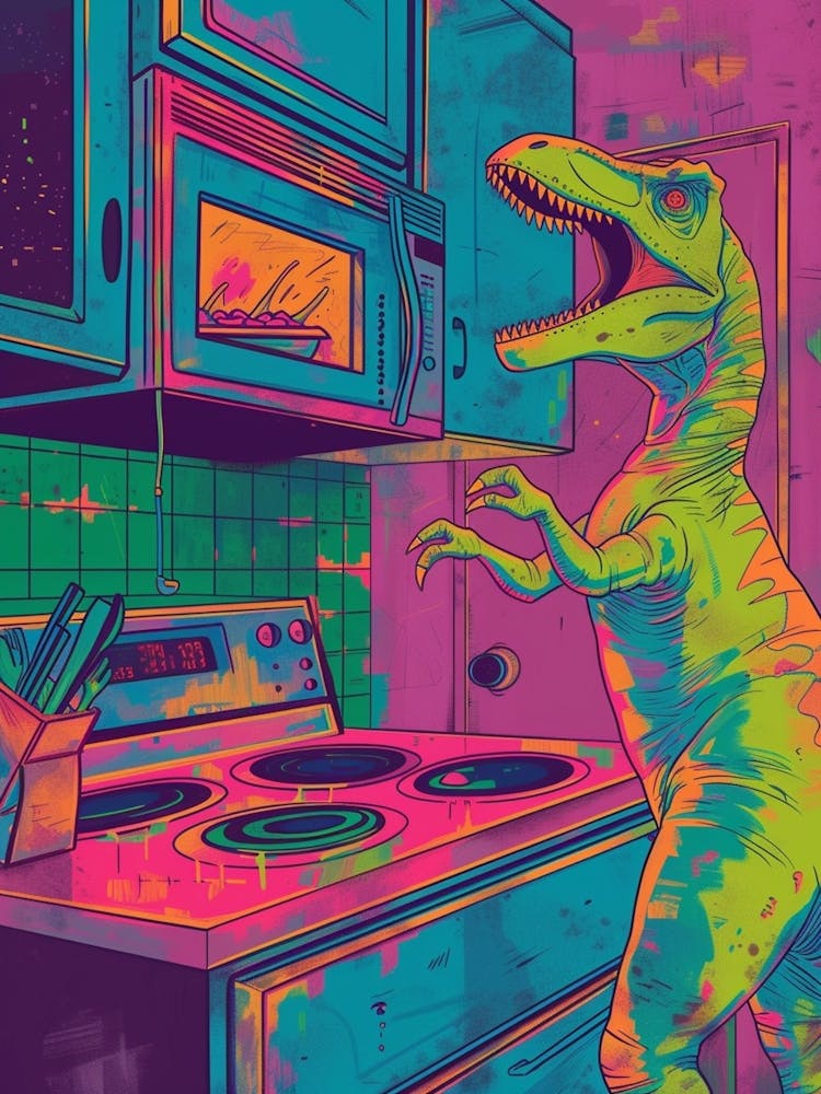 Dinosaur Cooking In The Kitchen Neon Colours