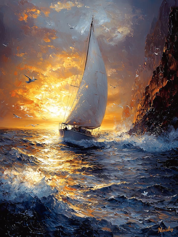 Sailboat At Sunset, Impressionist Oil Painting – Inspired by Renoir