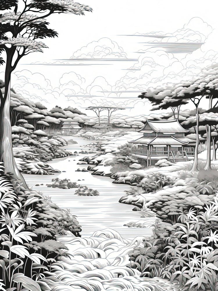 Iriomote Island In Okinawa, Ukiyo E Black And White Line Art Drawing 4
