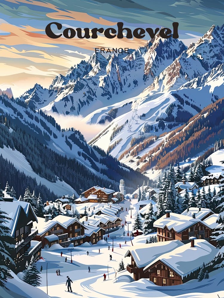Courchevel France Skiing Resort Travel Art