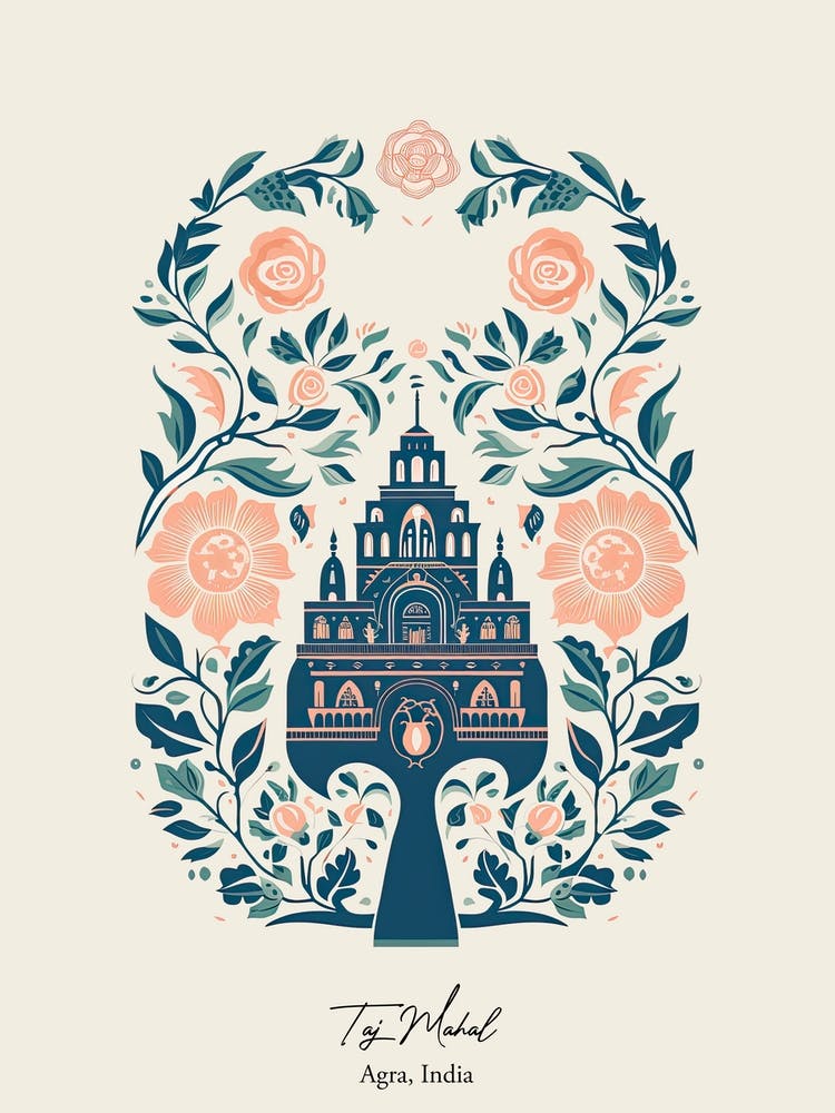 Taj Mahal   Agra, India   Cute Botanical Illustration Travel 4 Poster