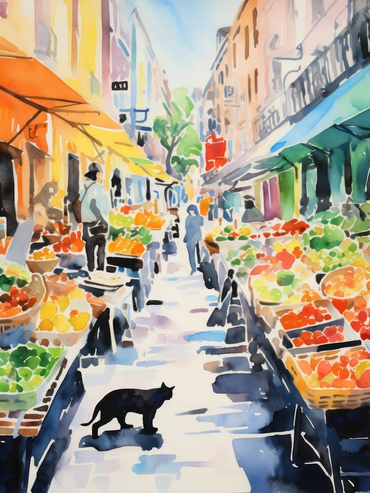 Food Market With Cats In San Francisco 3 Watercolour
