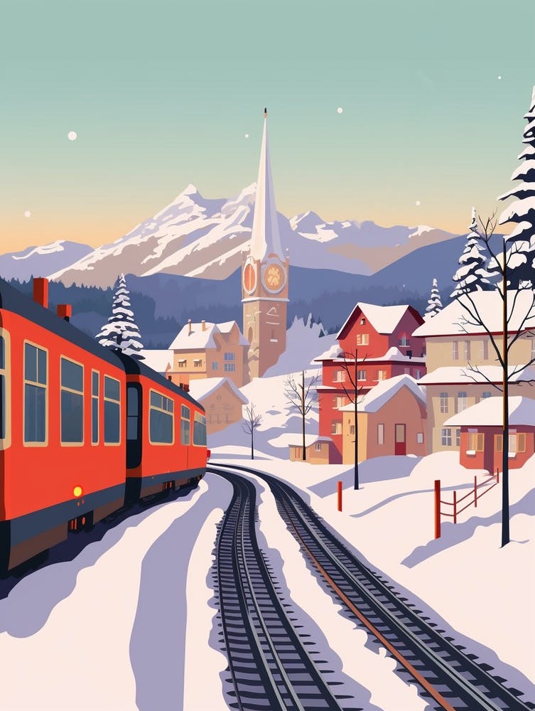 Retro Winter Illustration Lucerne Switzerland 2