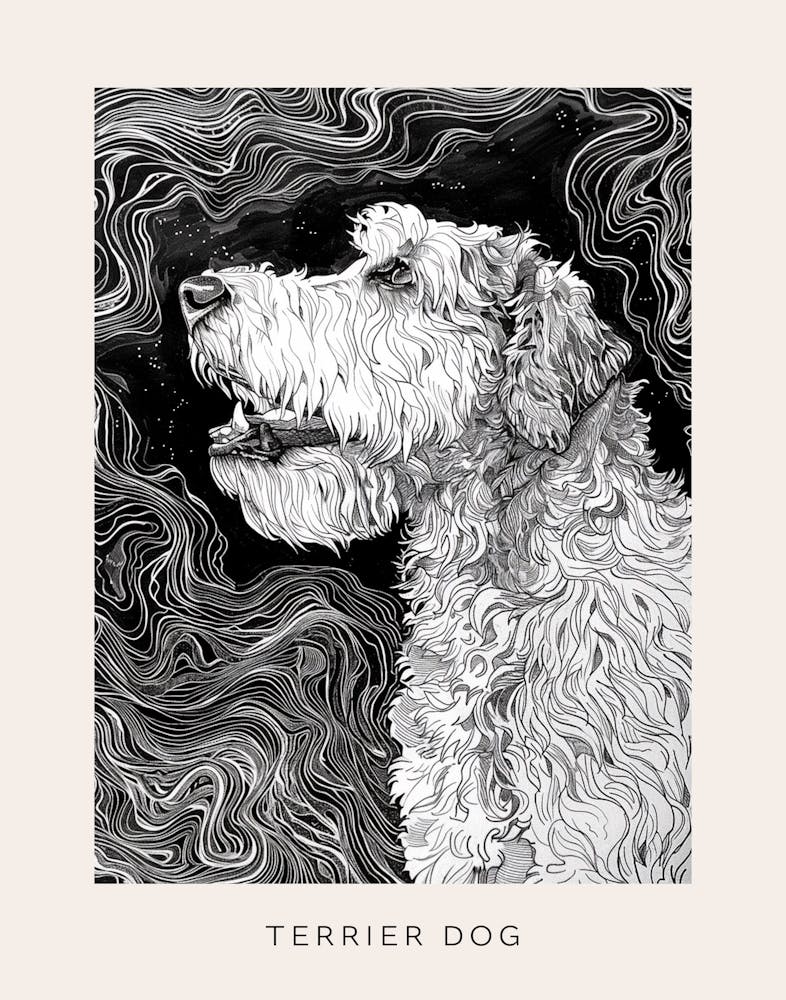 Swirly Terrier Dog Line Sketch Poster