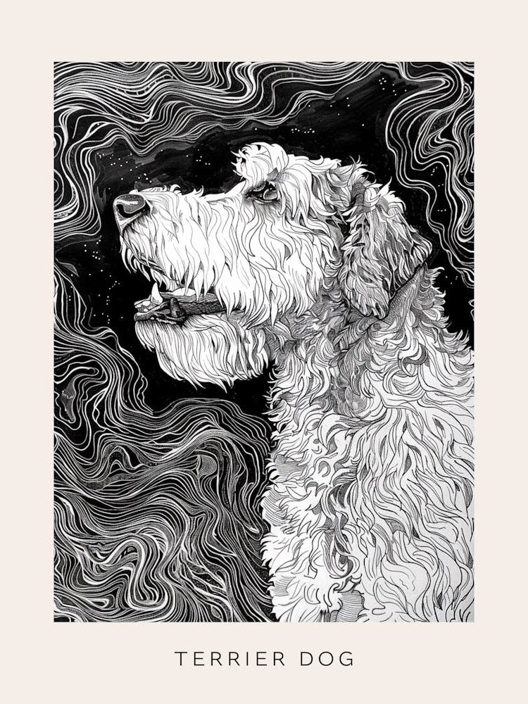 Swirly Terrier Dog Line Sketch Poster
