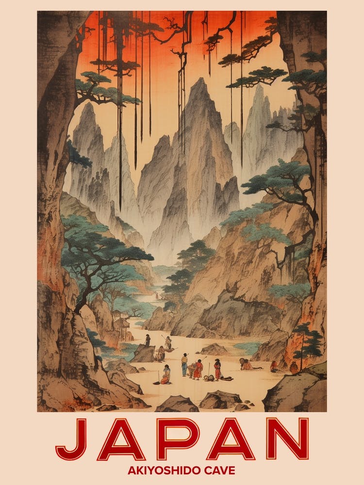 Akiyoshido Cave, Visit Japan Vintage Travel Art 1