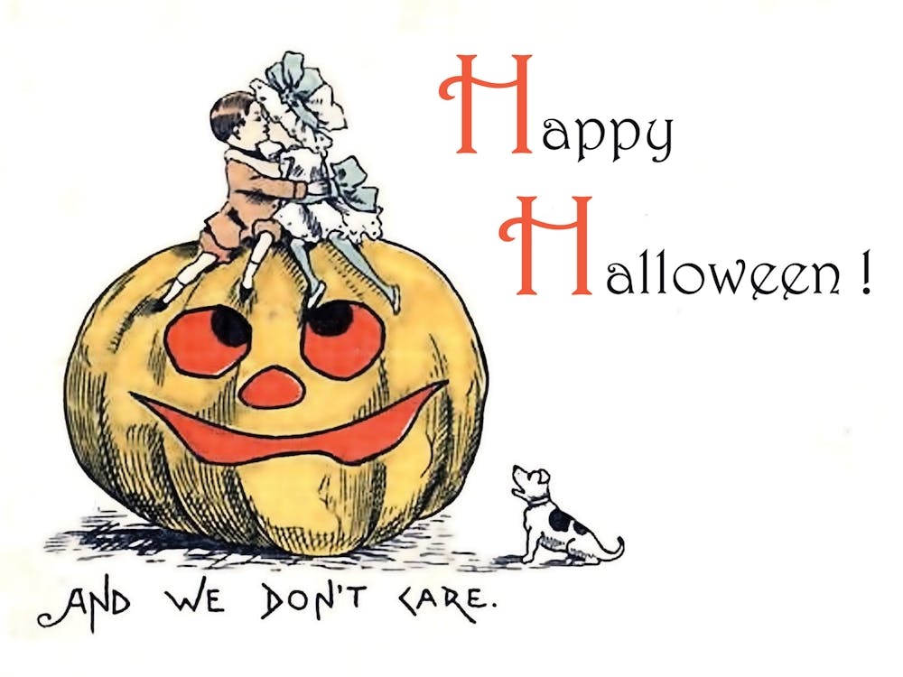 Couple In Love Sitting On A Big Pumpkin, Happy Halloween