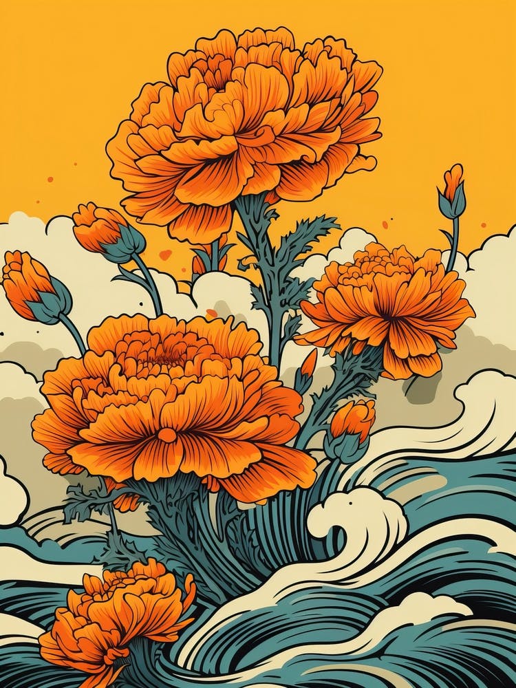 Great Wave With Marigold Flower Drawing In The Style Of Ukiyo E 2