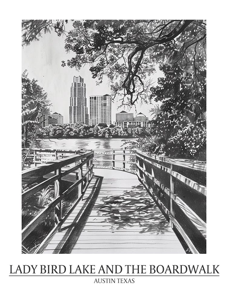 Lady Bird Lake And The Boardwalk Austin Texas Black And White Drawing 2 Poster