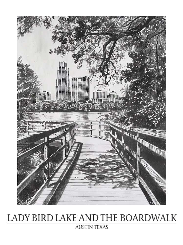 Lady Bird Lake And The Boardwalk Austin Texas Dessin Noir et Blanc 2 Affiche
