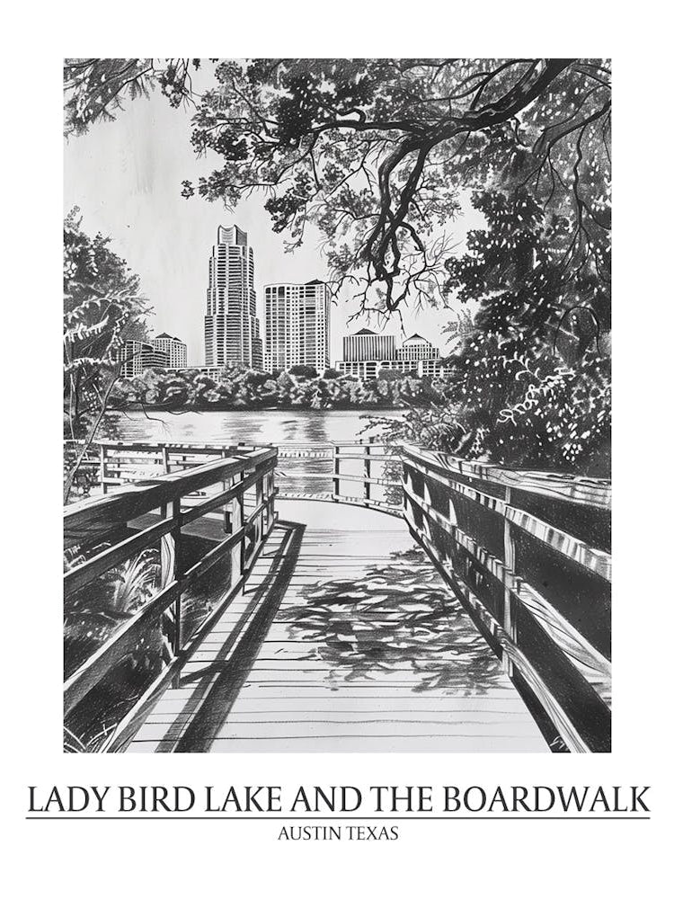 Lady Bird Lake And The Boardwalk Austin Texas Black And White Drawing 2 Poster