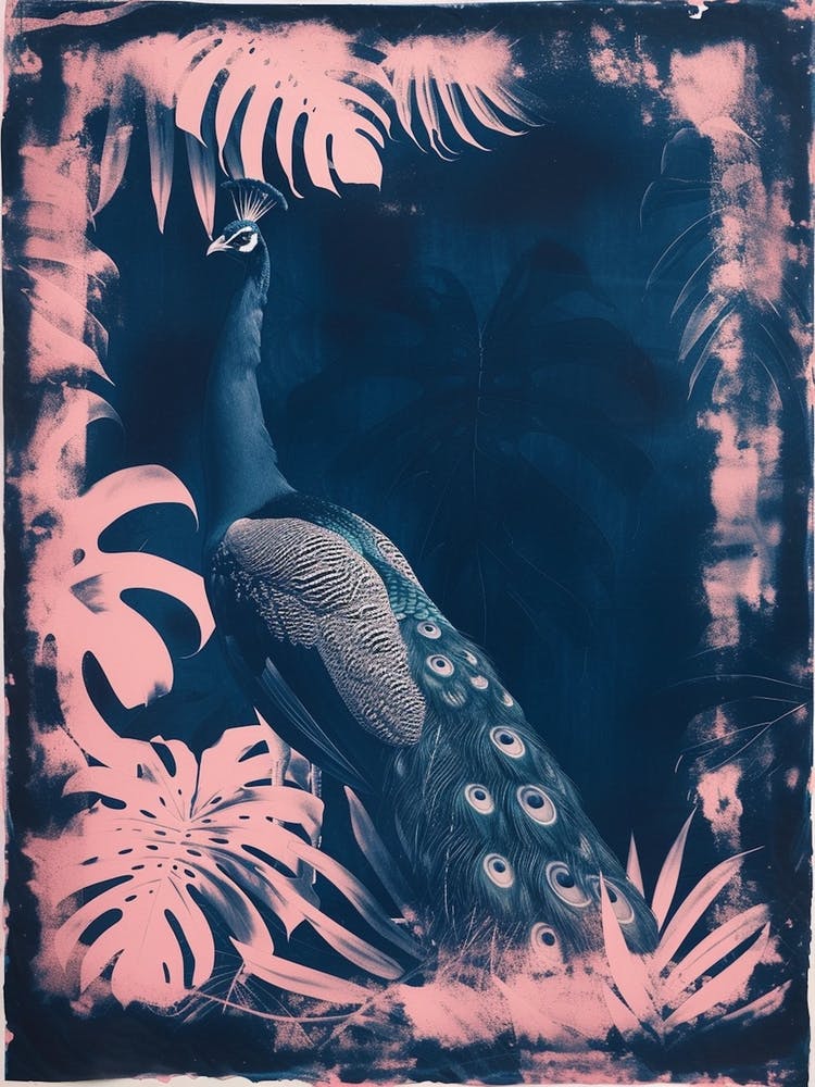 Peacock In The Leaves Cyanotype Inspired 1