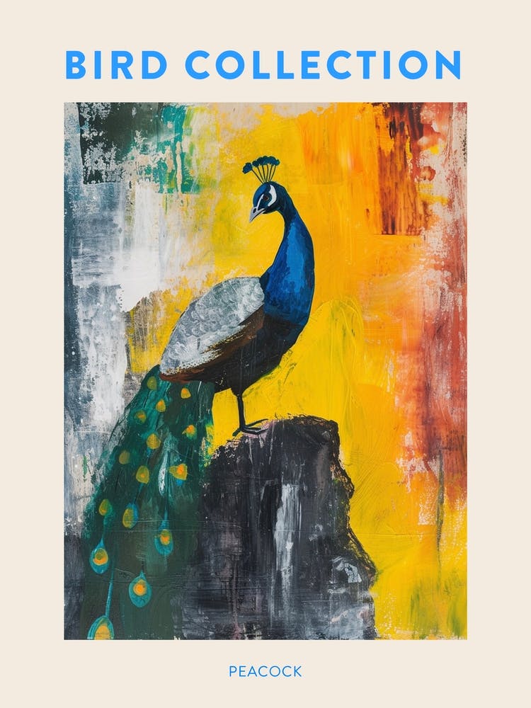 Brushstrokes Blue & Mustard Peacock Poster