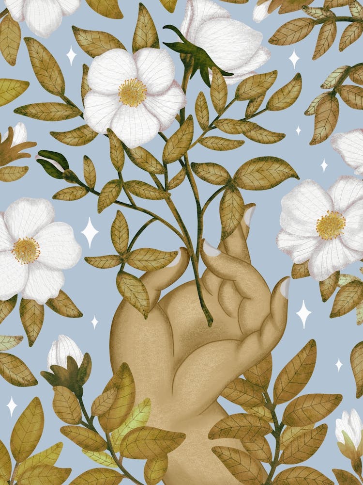 Fleurs blanches sur art floral bleu