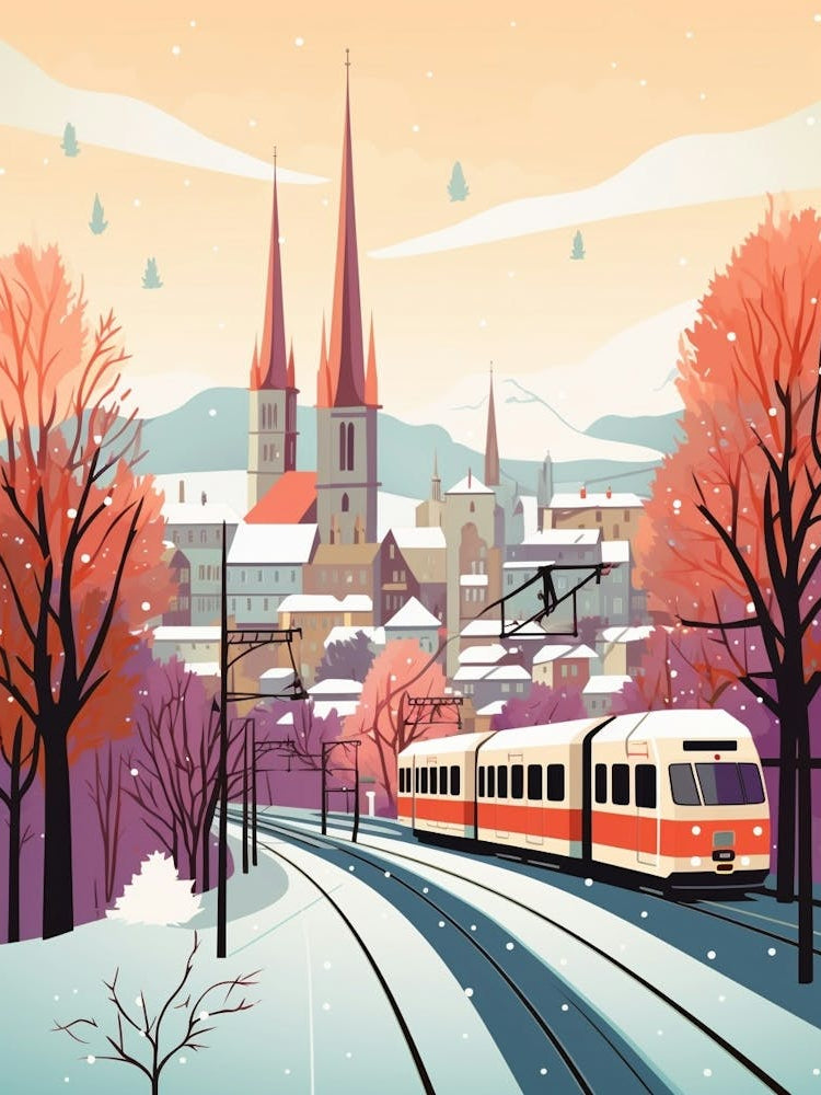 Vintage Winter Travel Illustration Zurich Switzerland 3