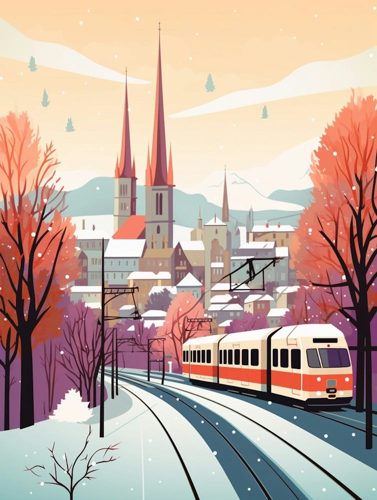 Vintage Winter Travel Illustration Zurich Switzerland 3