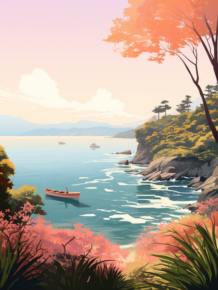 An Illustration In Pink Tones Of A Boat And Trees Overlooking The Ocean 3