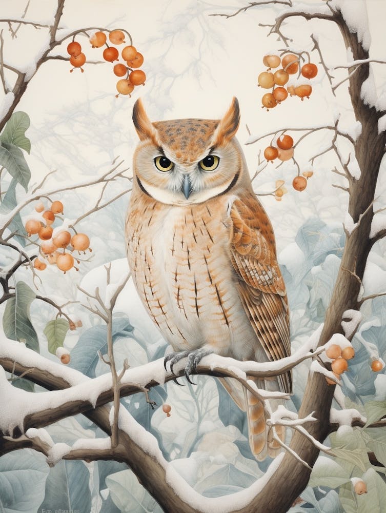 Wintervogelgemälde Eastern Screech Owl 3